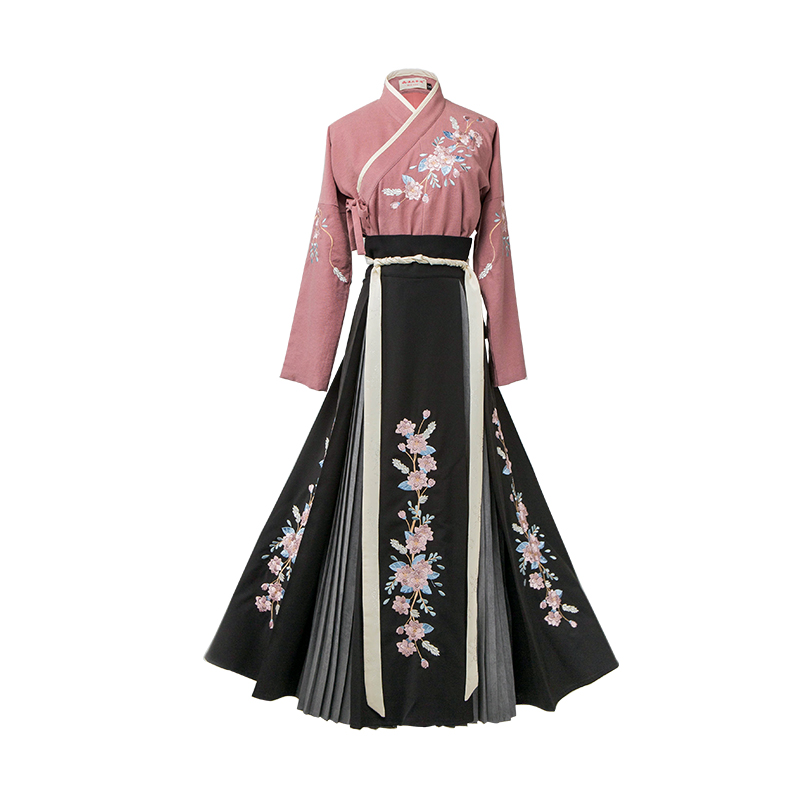 花團(tuán)錦簇交領(lǐng)襦裙?jié)h服，褶裙團(tuán)花刺繡漢服圖片