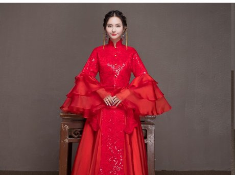 荷葉邊袖新娘結(jié)婚禮服，優(yōu)雅網(wǎng)紗蓬松中式禮服