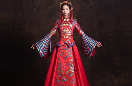 創(chuàng)意袖口新娘結(jié)婚禮服，奢華拖尾中式禮服