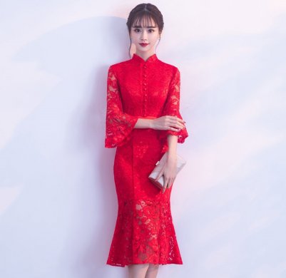 紅色性感蕾絲中式禮服，中式復(fù)古晚禮服