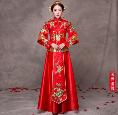 華麗蘭花刺繡新娘禮服，中國(guó)風(fēng)中式禮服