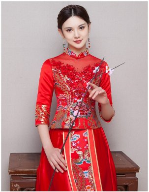 古典華麗新娘禮服，復(fù)古蕾絲中式禮服