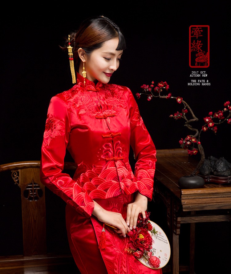 紅妝素雅中式禮服，同色系刺繡新娘禮服