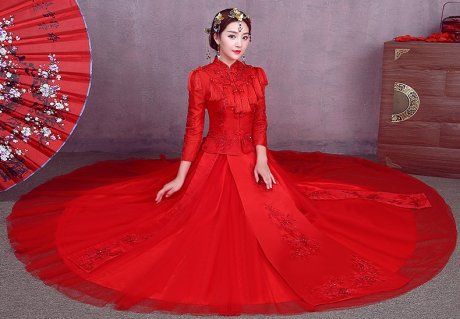 簡約紅色中式禮服，流蘇中國風新娘結(jié)婚禮服