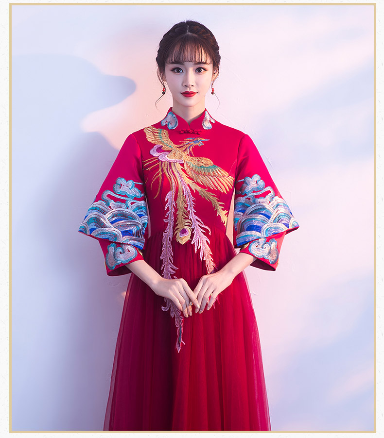 復古鳳凰刺繡中式禮服，中國風結(jié)婚晚禮服