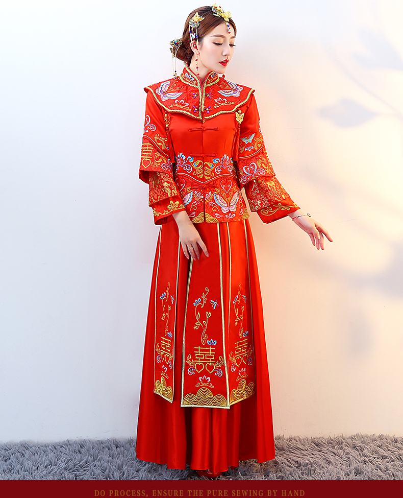 紅色復(fù)古典雅中式禮服，新娘結(jié)婚禮服