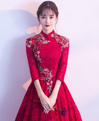 古典蕾絲中式禮服，優(yōu)雅花朵晚禮服