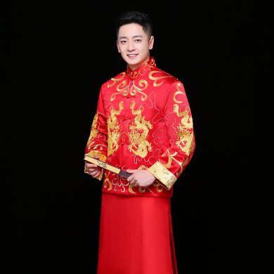 雙龍刺繡男士中式禮服，時(shí)尚中國(guó)風(fēng)新郎禮服