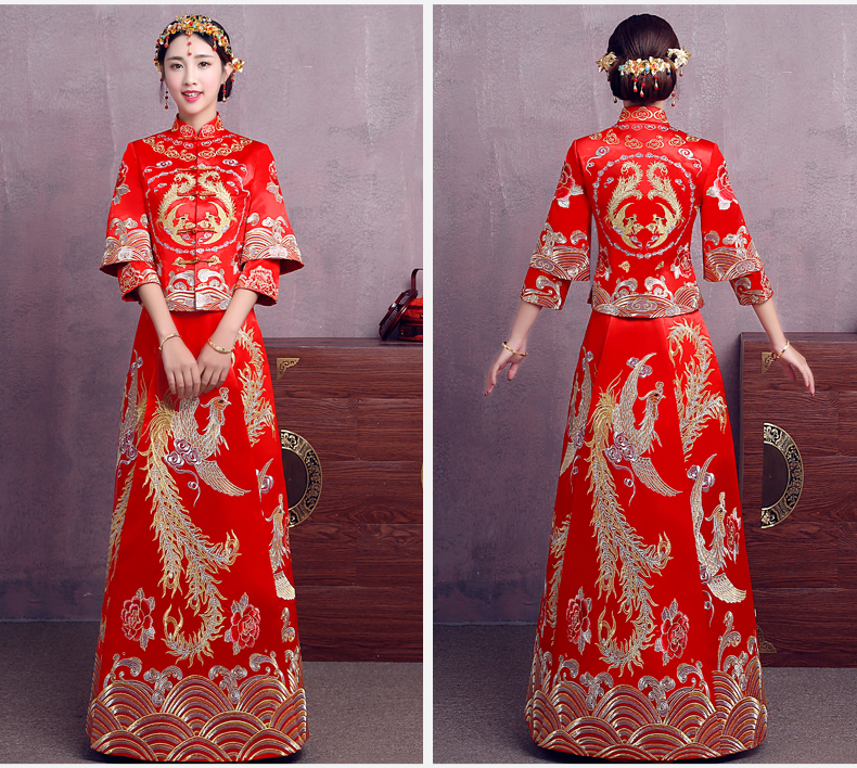 時(shí)尚中國(guó)風(fēng)中式禮服，精美奢華刺繡新娘禮服