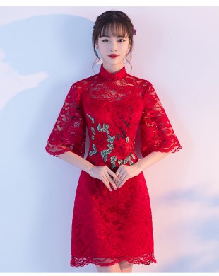 復(fù)古蕾絲敬酒服，紅色花朵中式禮服