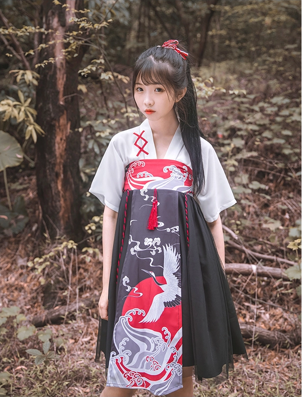 古風(fēng)漢元素女童仙鶴印花齊胸襦裙古裝漢服