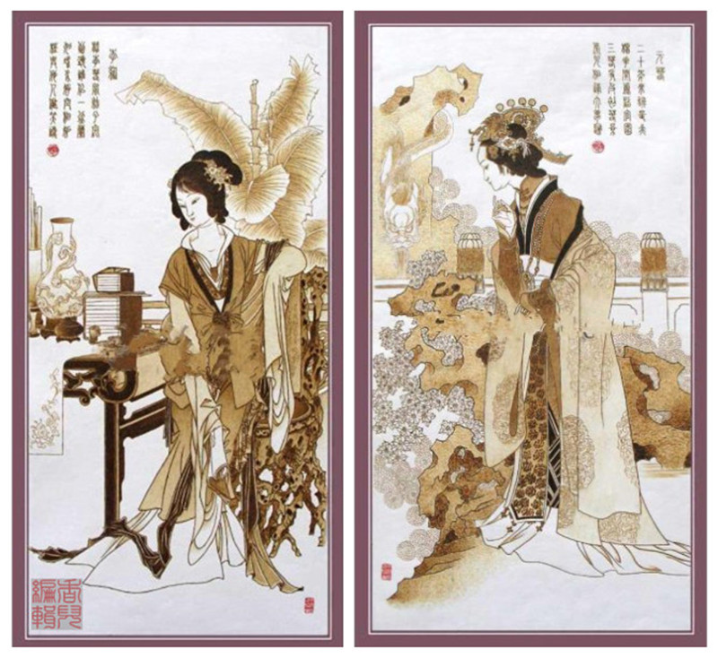 紅樓夢金陵十二釵絲絹烙畫作品