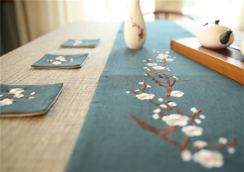 中國(guó)風(fēng)刺繡花桌旗梅花茶席布藝禪意