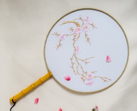 清新桃花刺繡團扇，粉色韻味繡花宮扇工藝扇子