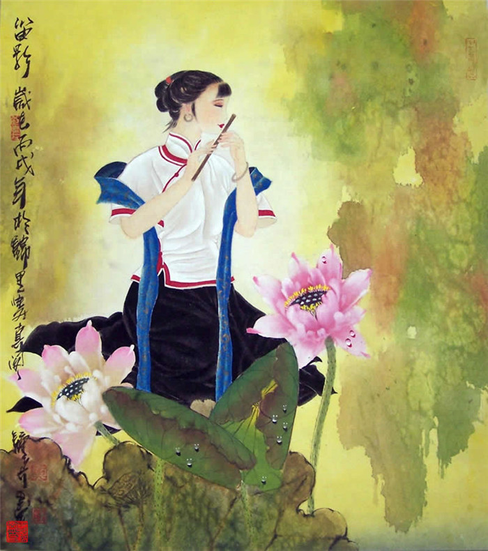 中國(guó)演奏傳統(tǒng)樂(lè)器笛子與簫的國(guó)畫(huà)作品