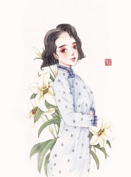 清新水彩旗袍女子插畫，唯美的古風插畫圖集