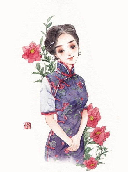 清新水彩旗袍女子插畫，唯美的古風插畫圖集