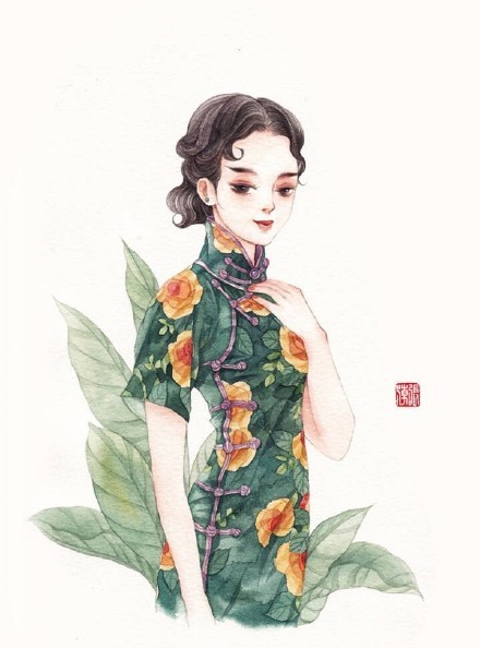 清新水彩旗袍女子插畫，唯美的古風插畫圖集